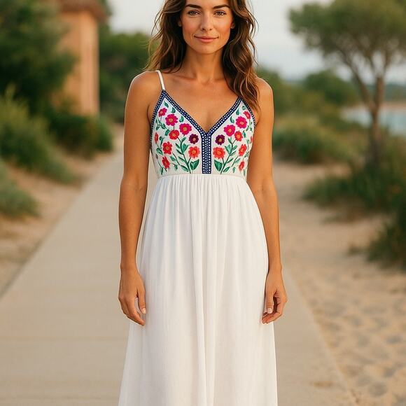 Boho Maxi Dress XL | Embroidered Look Open Back Festival Sundress White Floral - Picture 11 of 11